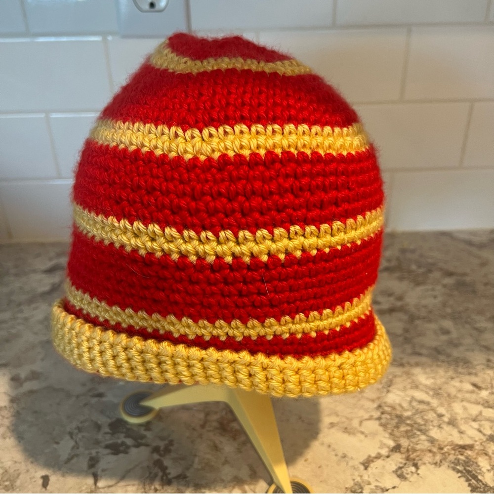 Handmade Striped Red and Yellow Women's Beanie Hat Toque